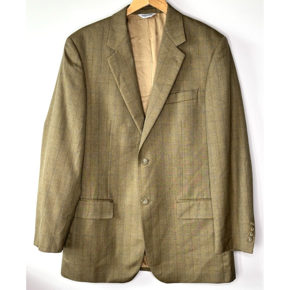 Joseph Feiss Gold Sport Coat 40L Tan Beige Wool Windowpane Plaid Blazer Jacket